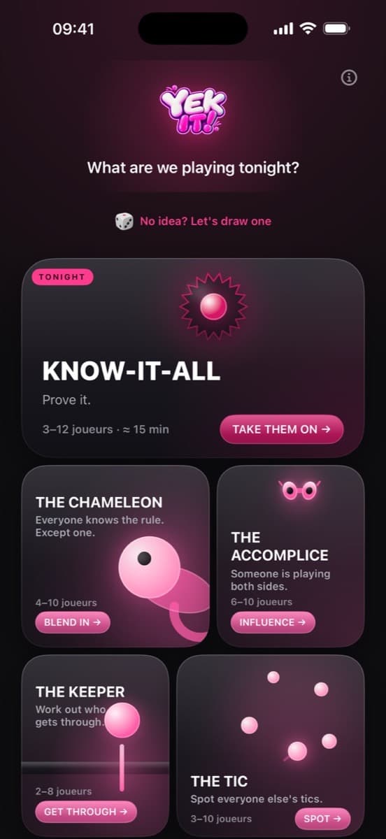 The YEK IT! home screen: what are we playing tonight?